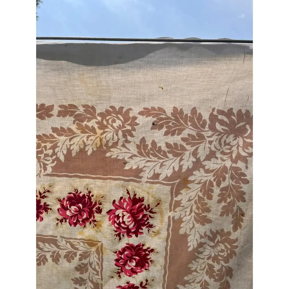 Vintage Tablecloth with Red and Pink Roses and Leaves